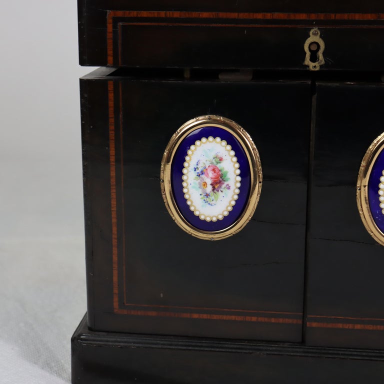 Antique Ebonized & Inlaid Humidor With Sevres Floral Porcelain Plaque c1890
