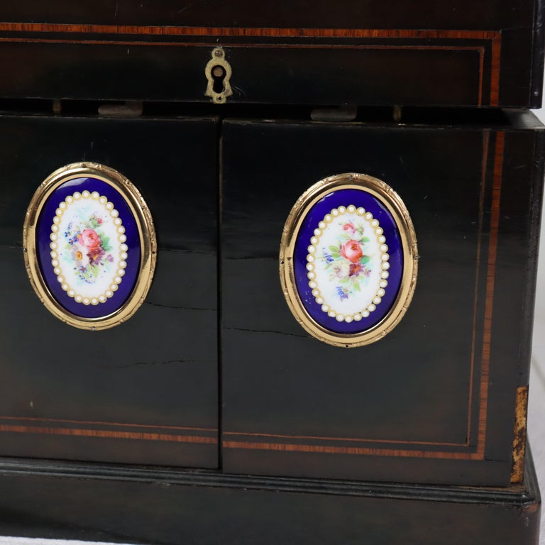 Antique Ebonized & Inlaid Humidor With Sevres Floral Porcelain Plaque c1890