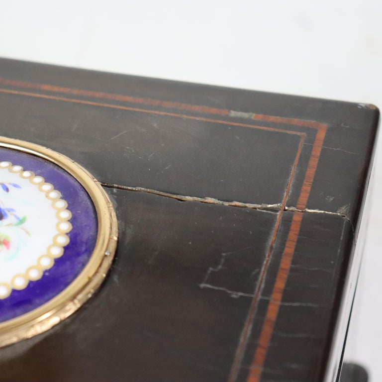 Antique Ebonized & Inlaid Humidor With Sevres Floral Porcelain Plaque c1890