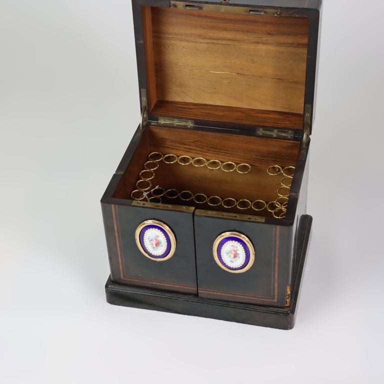 Antique Ebonized & Inlaid Humidor With Sevres Floral Porcelain Plaque c1890