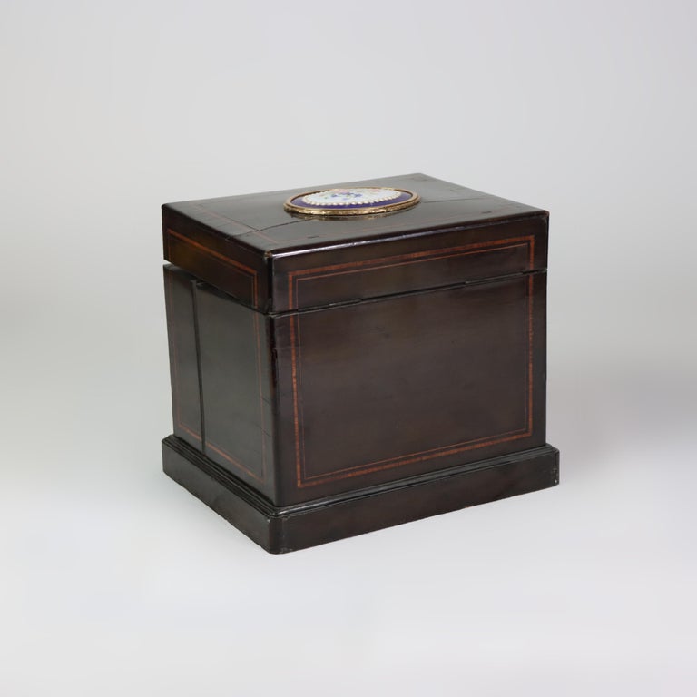 Antique Ebonized & Inlaid Humidor With Sevres Floral Porcelain Plaque c1890