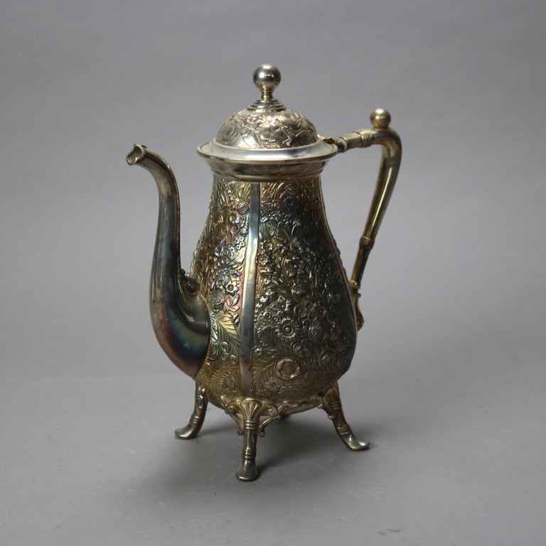 Six-Piece Antique Silver Plated Floral Repousse Tea Set C1890