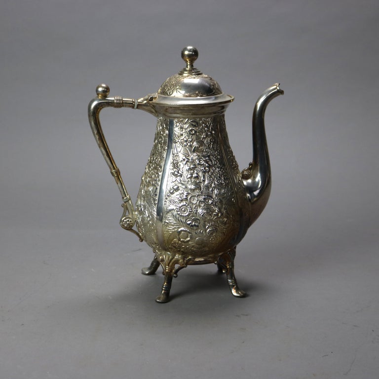 Six-Piece Antique Silver Plated Floral Repousse Tea Set C1890