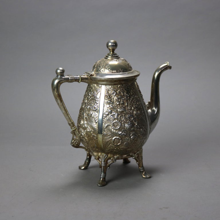 Six-Piece Antique Silver Plated Floral Repousse Tea Set C1890