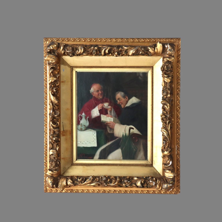 Oil On Canvas Genre Scene Painting Of 2 Cardinals By J. Orsi C1890