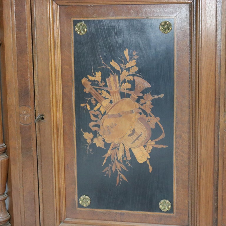 Antique Renaissance Revival Carved Walnut & Ormolu Credenza With Marquetry c1880