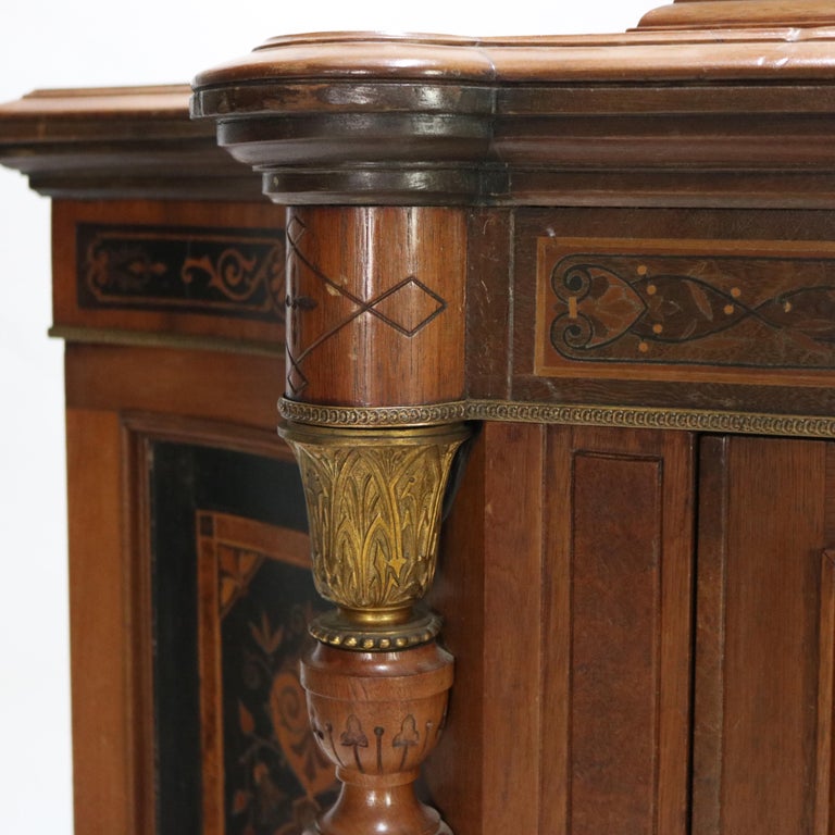Antique Renaissance Revival Carved Walnut & Ormolu Credenza With Marquetry c1880