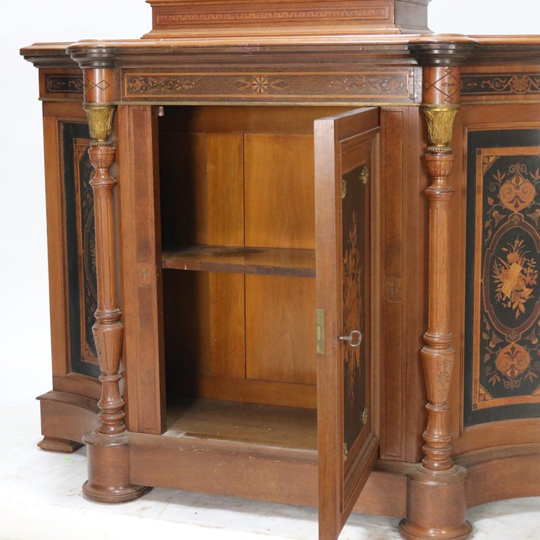 Antique Renaissance Revival Carved Walnut & Ormolu Credenza With Marquetry c1880
