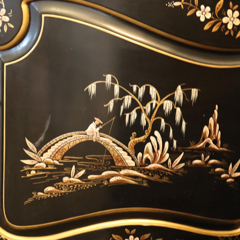 Antique Chinese Carved, Ebonized & Hand Painted Four-Panel Dressing Screen c1930
