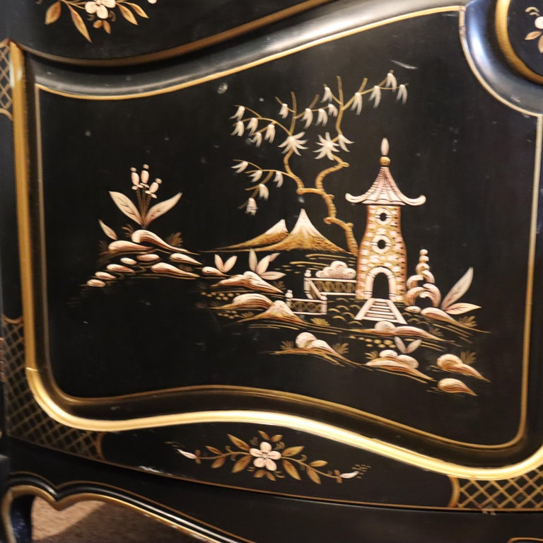 Antique Chinese Carved, Ebonized & Hand Painted Four-Panel Dressing Screen c1930