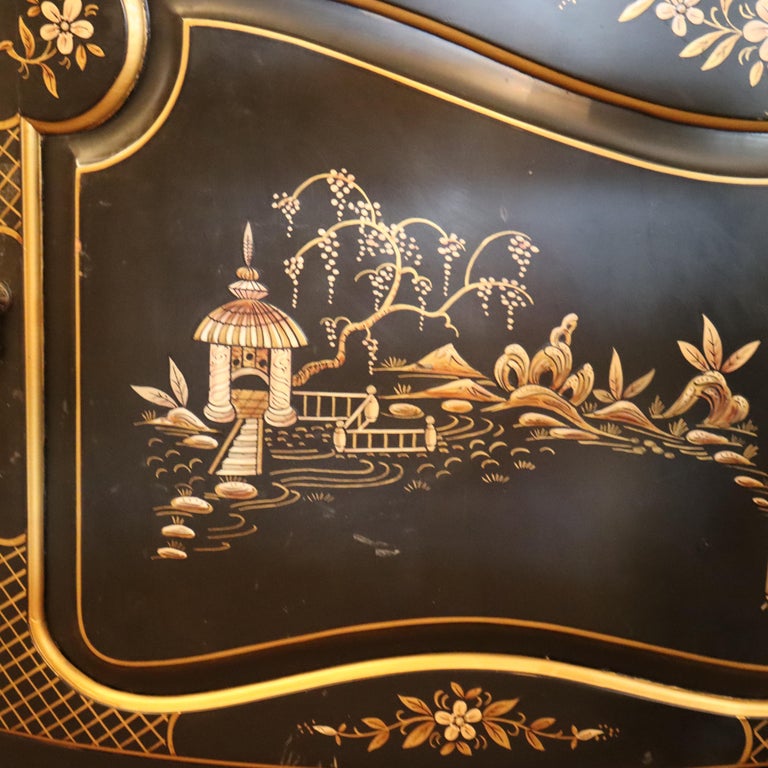 Antique Chinese Carved, Ebonized & Hand Painted Four-Panel Dressing Screen c1930