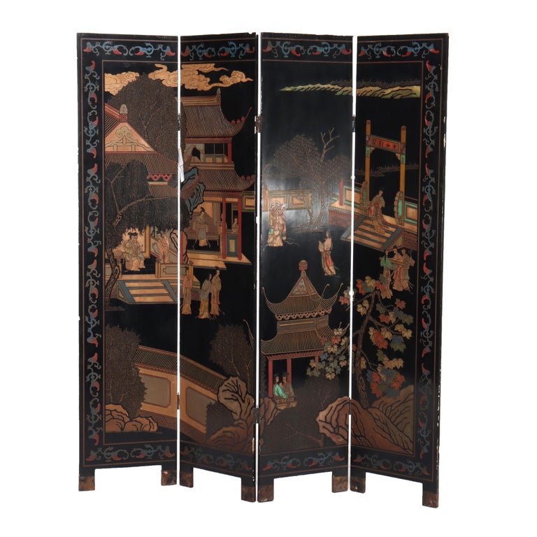Antique Chinese Carved, Ebonized & Hand Painted Four-Panel Dressing Screen c1930
