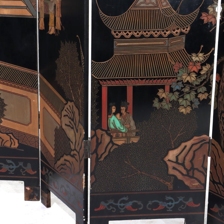 Antique Chinese Carved, Ebonized & Hand Painted Four-Panel Dressing Screen c1930