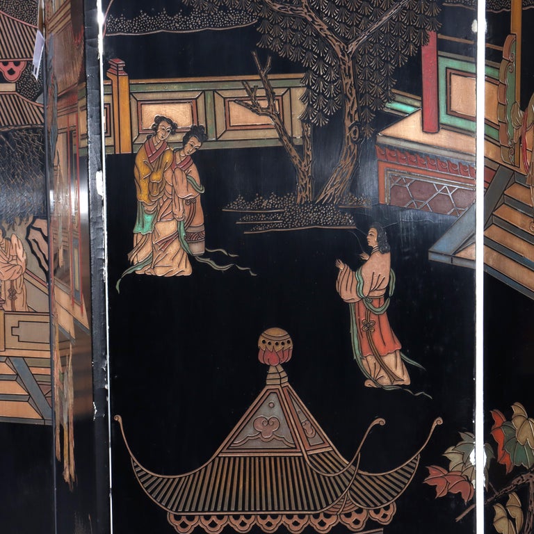 Antique Chinese Carved, Ebonized & Hand Painted Four-Panel Dressing Screen c1930