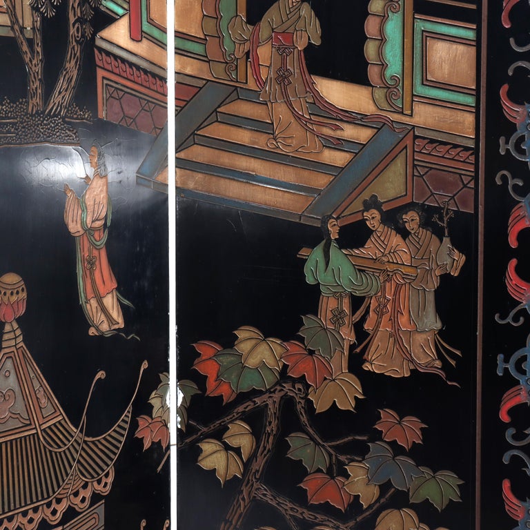 Antique Chinese Carved, Ebonized & Hand Painted Four-Panel Dressing Screen c1930