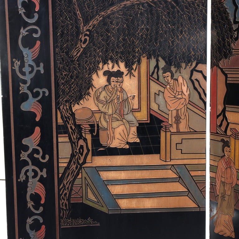 Antique Chinese Carved, Ebonized & Hand Painted Four-Panel Dressing Screen c1930