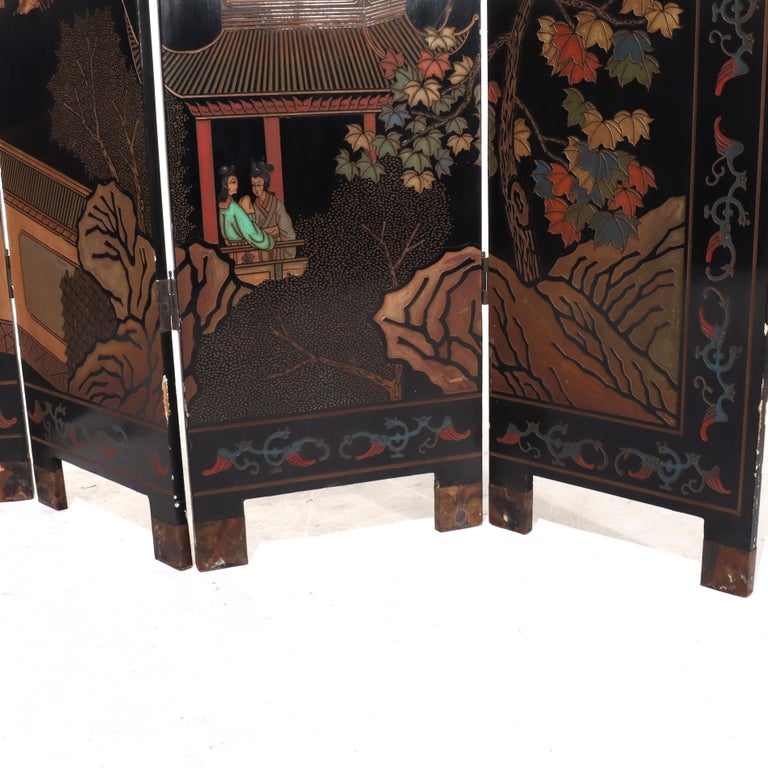 Antique Chinese Carved, Ebonized & Hand Painted Four-Panel Dressing Screen c1930