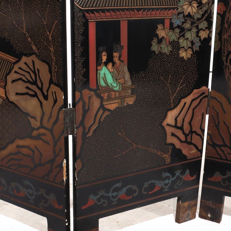 Antique Chinese Carved, Ebonized & Hand Painted Four-Panel Dressing Screen c1930
