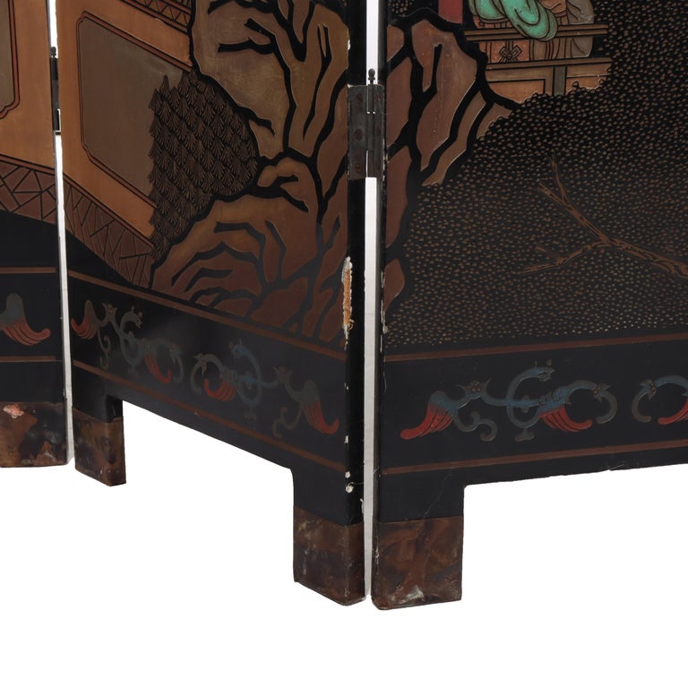 Antique Chinese Carved, Ebonized & Hand Painted Four-Panel Dressing Screen c1930