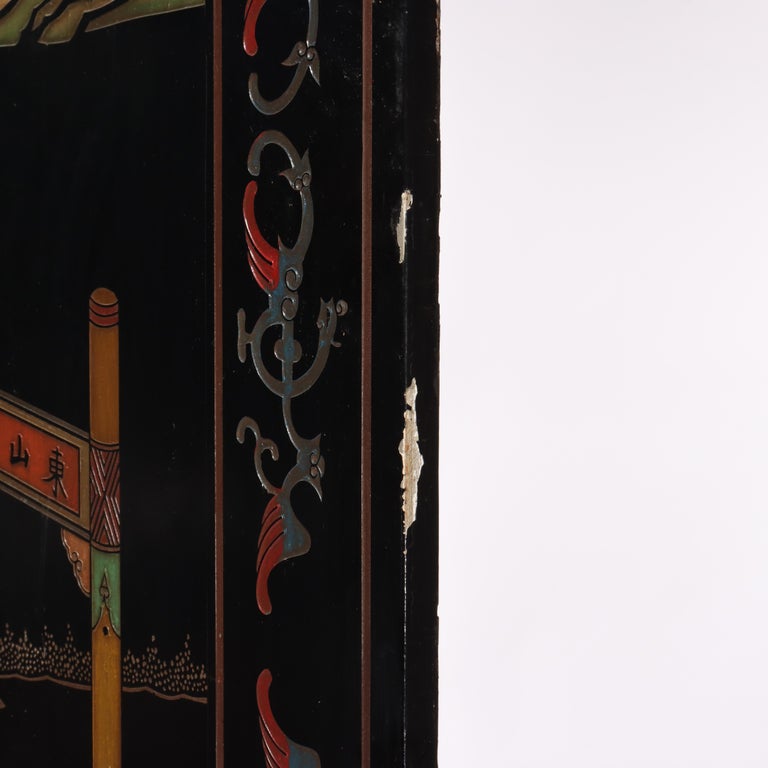 Antique Chinese Carved, Ebonized & Hand Painted Four-Panel Dressing Screen c1930