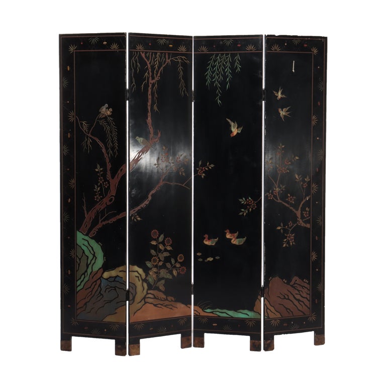 Antique Chinese Carved, Ebonized & Hand Painted Four-Panel Dressing Screen c1930