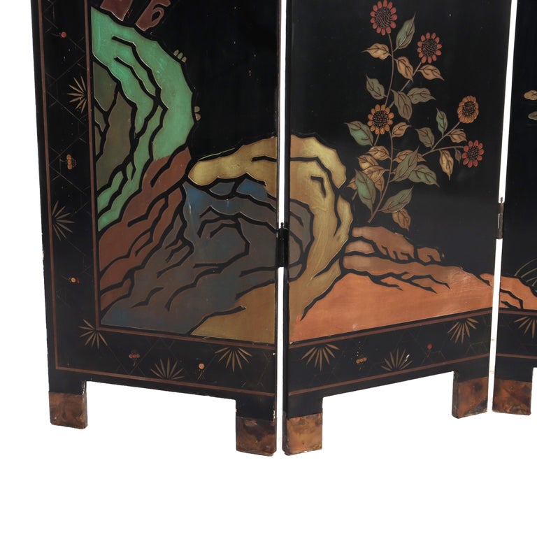 Antique Chinese Carved, Ebonized & Hand Painted Four-Panel Dressing Screen c1930