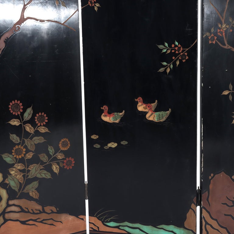 Antique Chinese Carved, Ebonized & Hand Painted Four-Panel Dressing Screen c1930