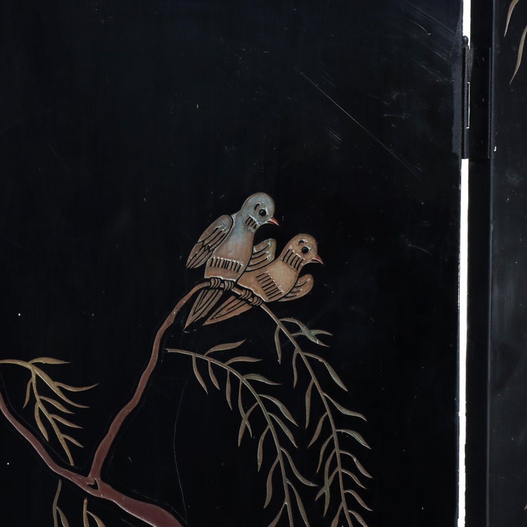 Antique Chinese Carved, Ebonized & Hand Painted Four-Panel Dressing Screen c1930