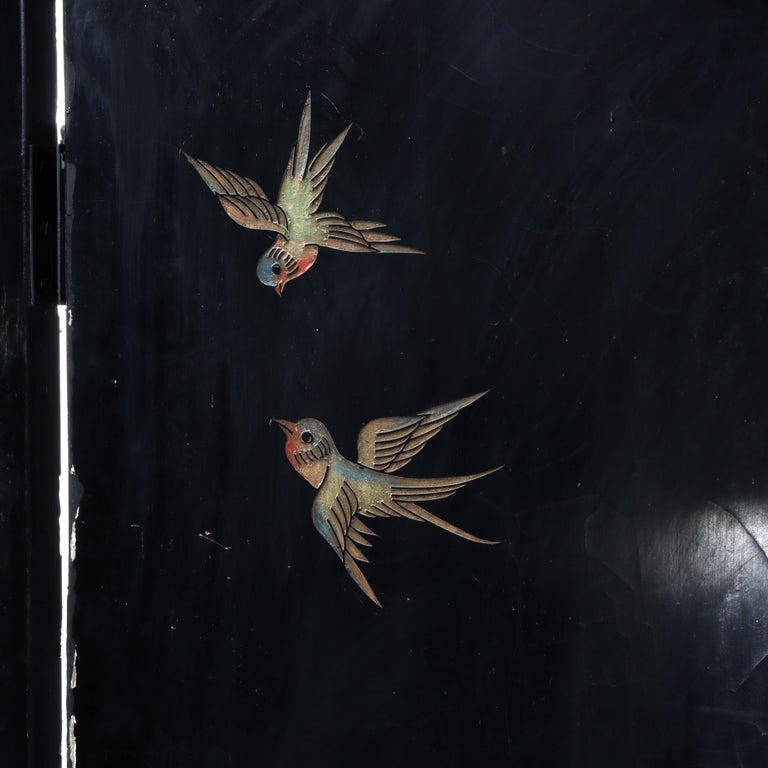 Antique Chinese Carved, Ebonized & Hand Painted Four-Panel Dressing Screen c1930