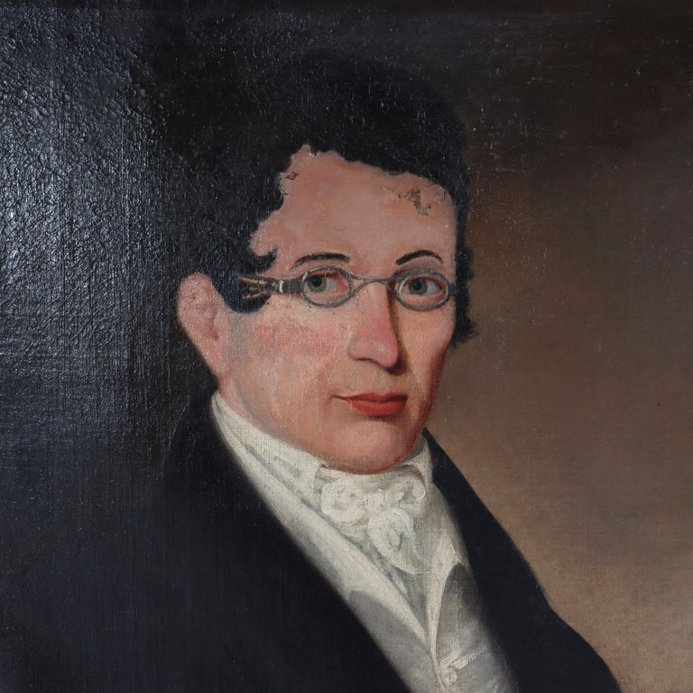 Antique Oil On Canvas Painting, Portrait Of A Scholar, C1830