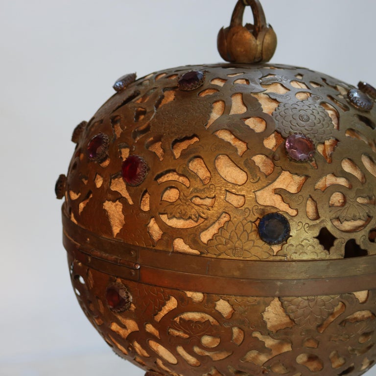 Antique Arts & Crafts Pierced Brass & Jeweled Ball Shade Pendant Light C1920