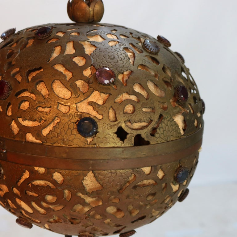 Antique Arts & Crafts Pierced Brass & Jeweled Ball Shade Pendant Light C1920