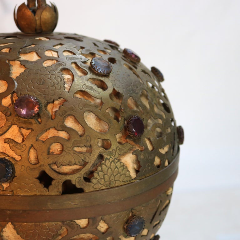 Antique Arts & Crafts Pierced Brass & Jeweled Ball Shade Pendant Light C1920