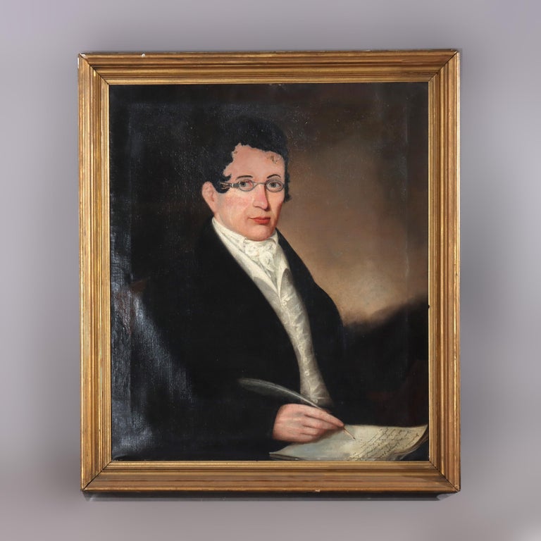 Antique Oil On Canvas Painting, Portrait Of A Scholar, C1830
