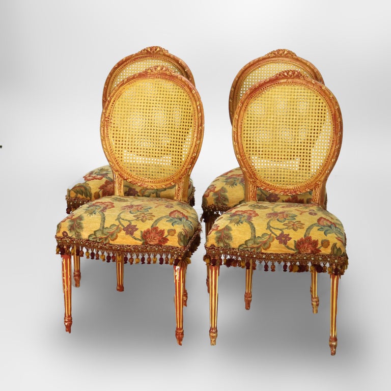 Four Vintage Louis XV Polychromed & Pressed Cane Parlor Chairs C1940
