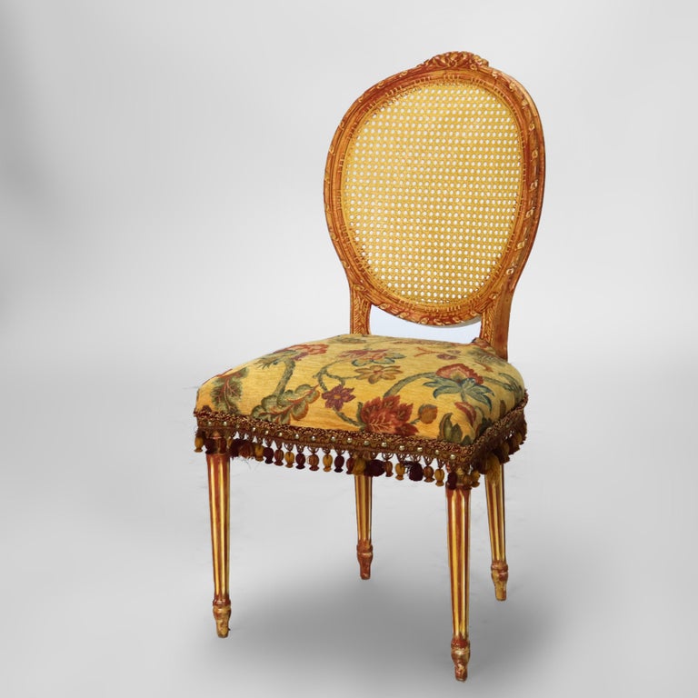 Four Vintage Louis XV Polychromed & Pressed Cane Parlor Chairs C1940