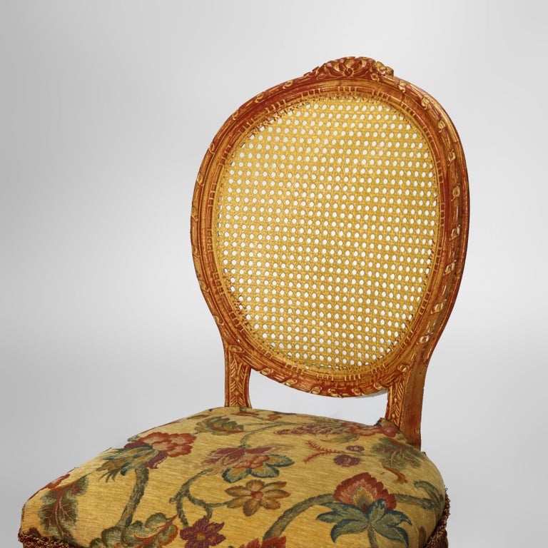 Four Vintage Louis XV Polychromed & Pressed Cane Parlor Chairs C1940