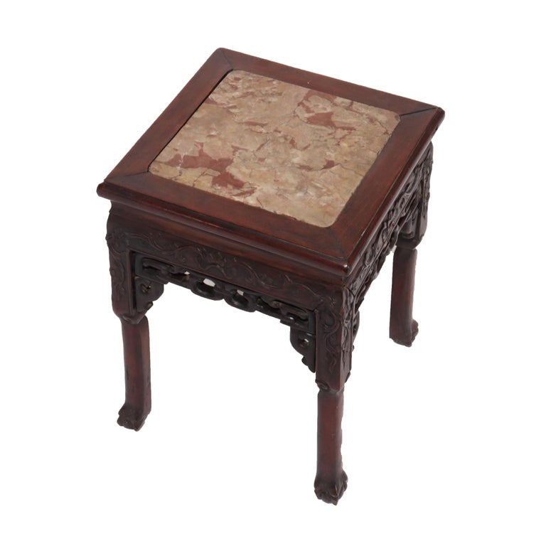 Antique Chinese Carved Hardwood Rouge Marble Top Table C1920