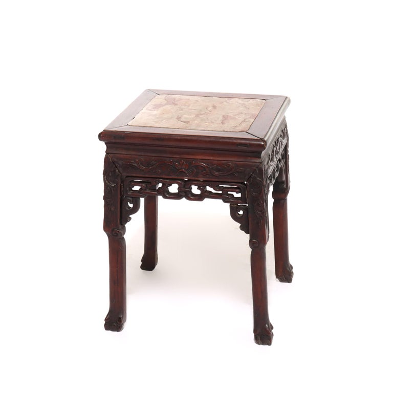 Antique Chinese Carved Hardwood Rouge Marble Top Table C1920