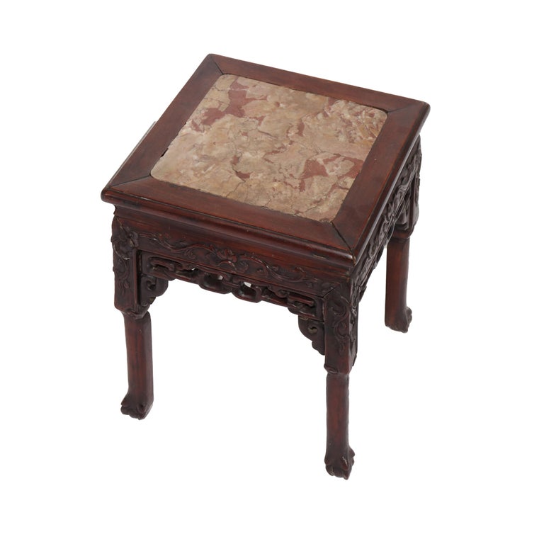 Antique Chinese Carved Hardwood Rouge Marble Top Table C1920