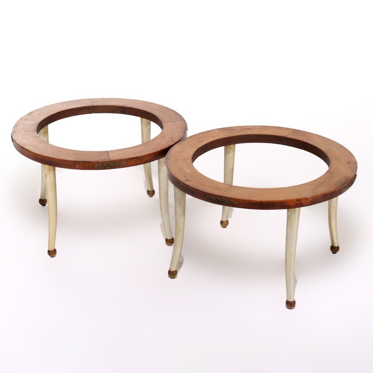 Pair Mid Century Modern Wood, Metal & Brass Round Side Table Bases 20thC