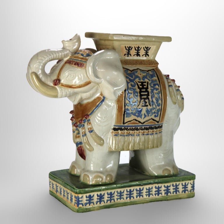 Vintage Chinese Majolica Figural Elephant Pottery Garden Seat Mid 20thC