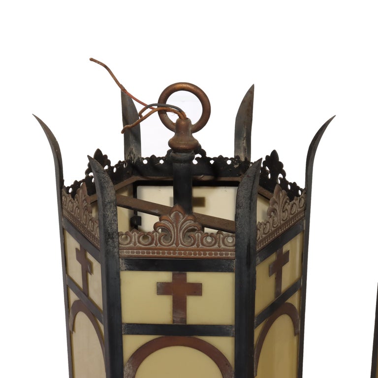 Pair of Antique Gothic Bronze, Brass & Glass Hanging Church Lights C1920