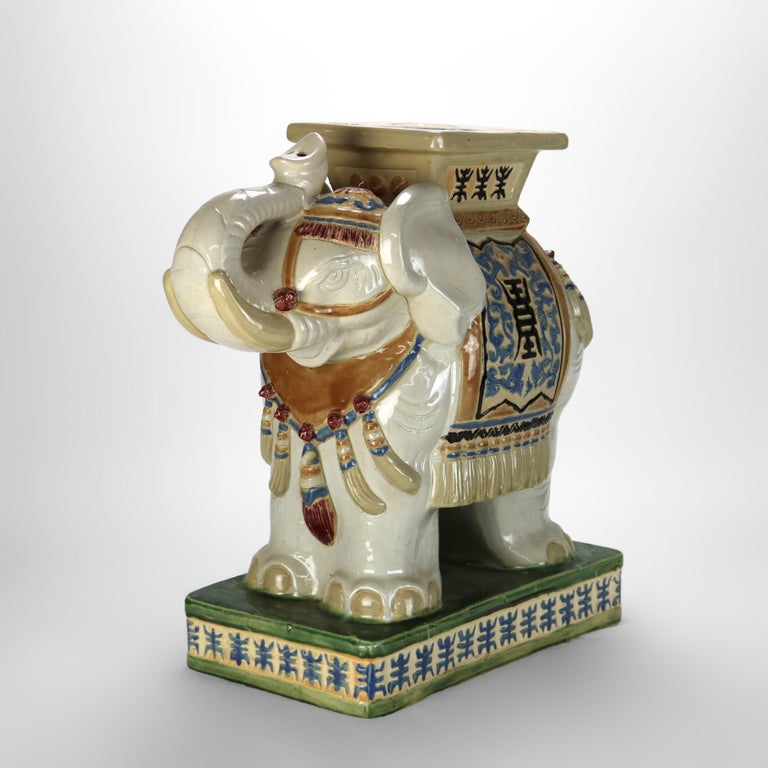 Vintage Chinese Majolica Figural Elephant Pottery Garden Seat Mid 20thC