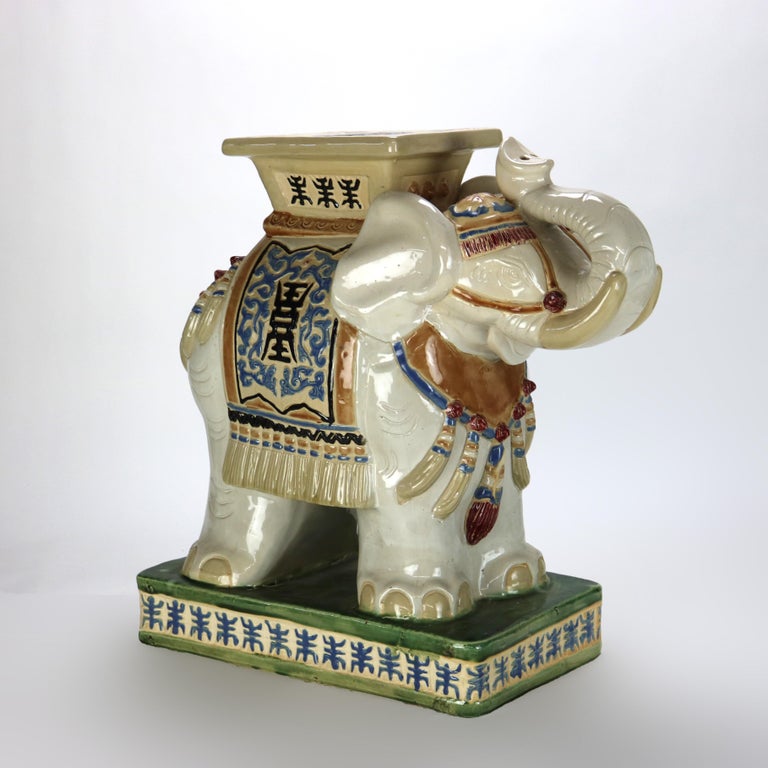 Vintage Chinese Majolica Figural Elephant Pottery Garden Seat Mid 20thC