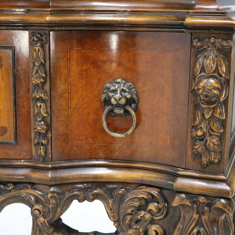 Antique French Style Reticulated Flame Mahogany, Rosewood & Satinwood Credenza