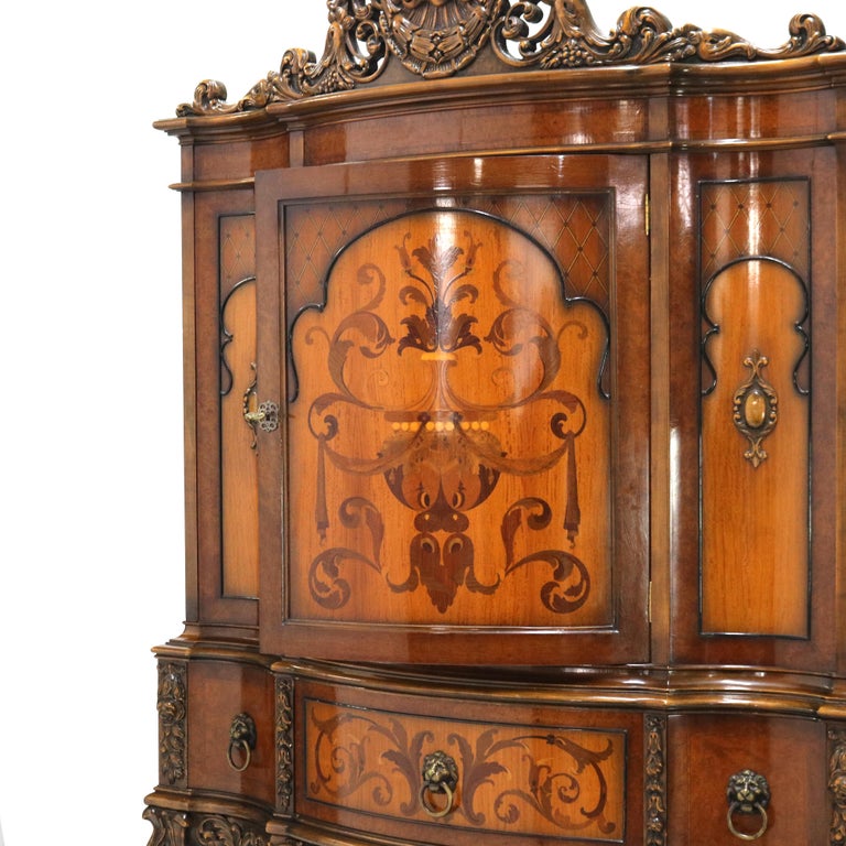 Antique French Style Reticulated Flame Mahogany, Rosewood & Satinwood Credenza