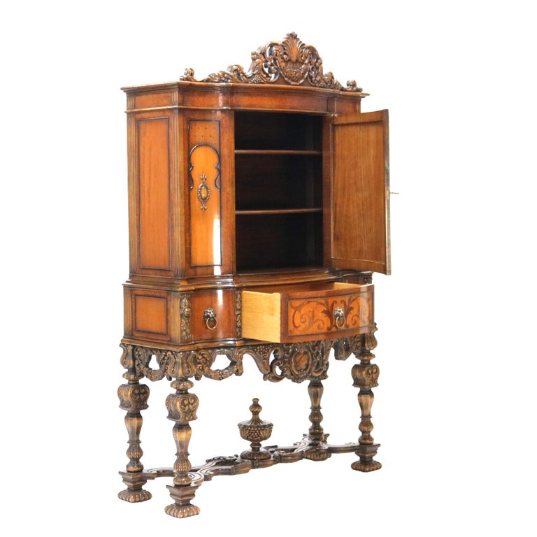 Antique French Style Reticulated Flame Mahogany, Rosewood & Satinwood Credenza