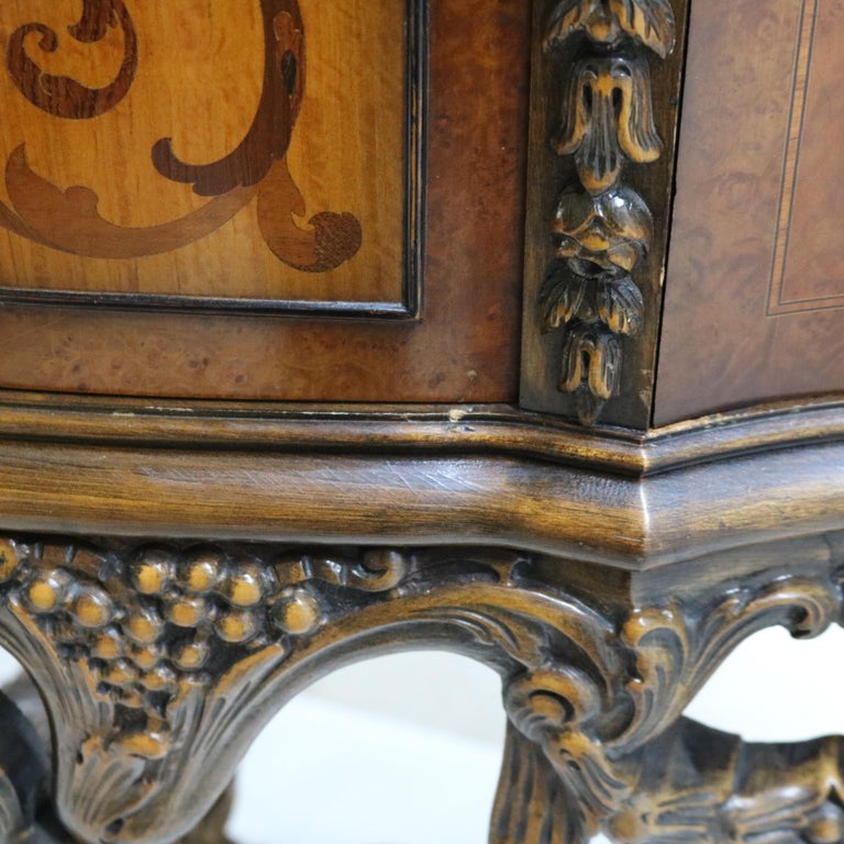 Antique French Style Reticulated Flame Mahogany, Rosewood & Satinwood Credenza