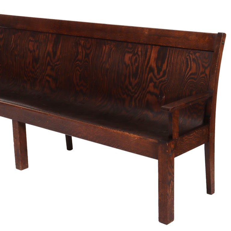 Antique Arts & Crafts Oak 10-Foot Train Station Long Bench C1920